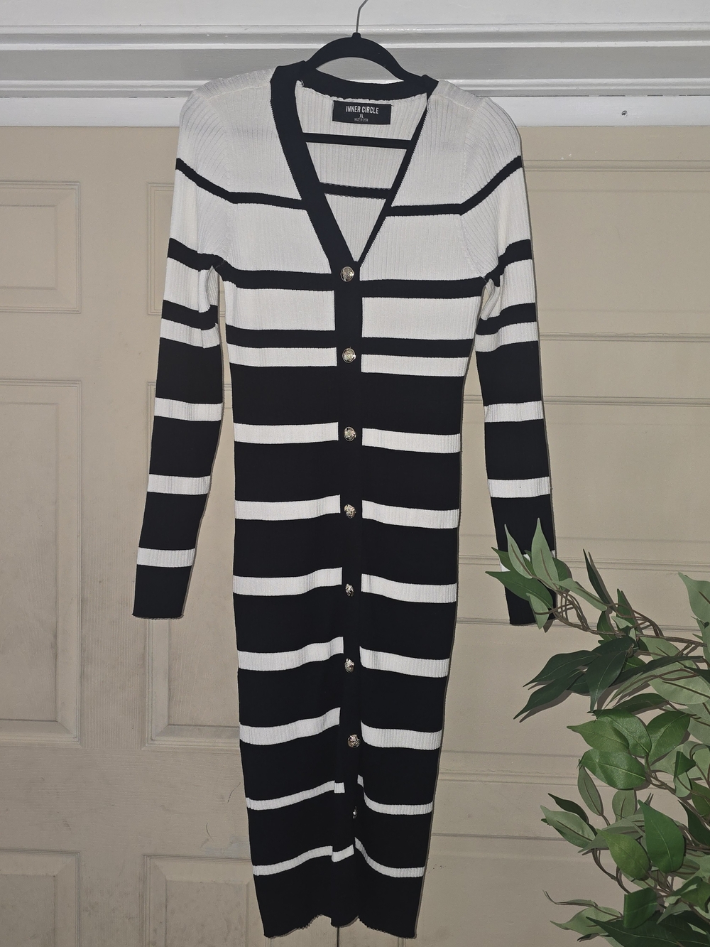 Black & White Striped Button-Front Midi Dress